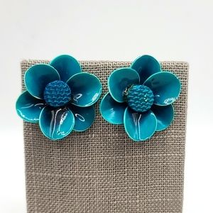 Vintage Teal Metal Enamel Clip On Flower Earrings